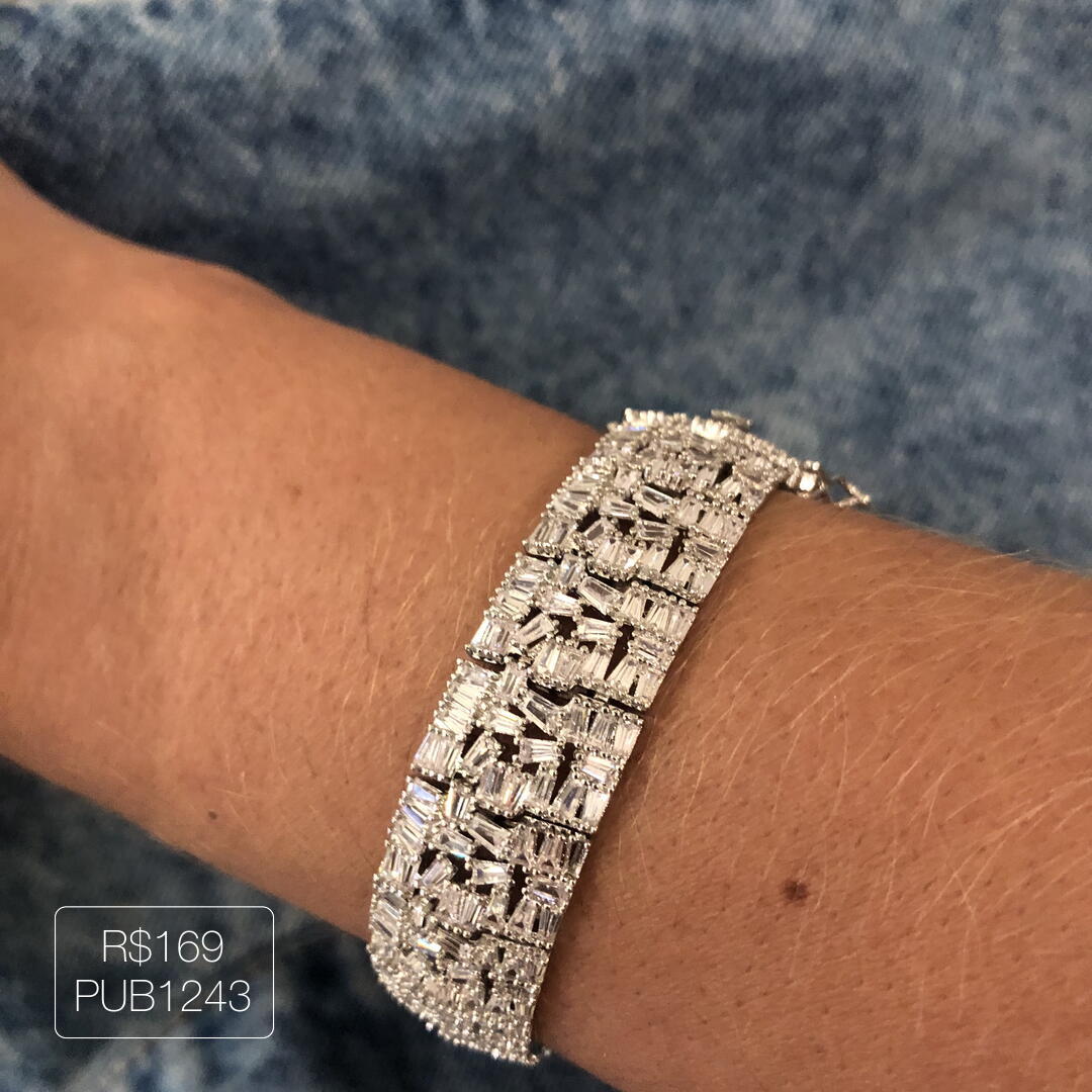 Pulseira Full Baguetes Luxo Cristal Ródio